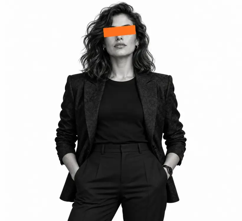 Founder of a B2B development agency, eyes covered by an orange bar